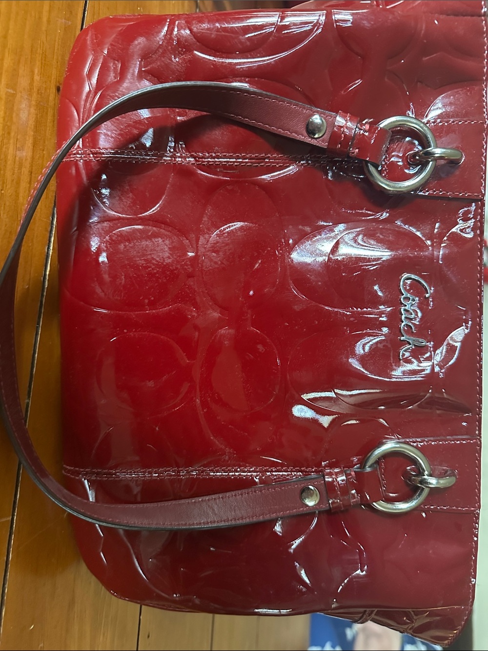 Coach Red Patent Leather Shoulder Tote with Silver Hardware